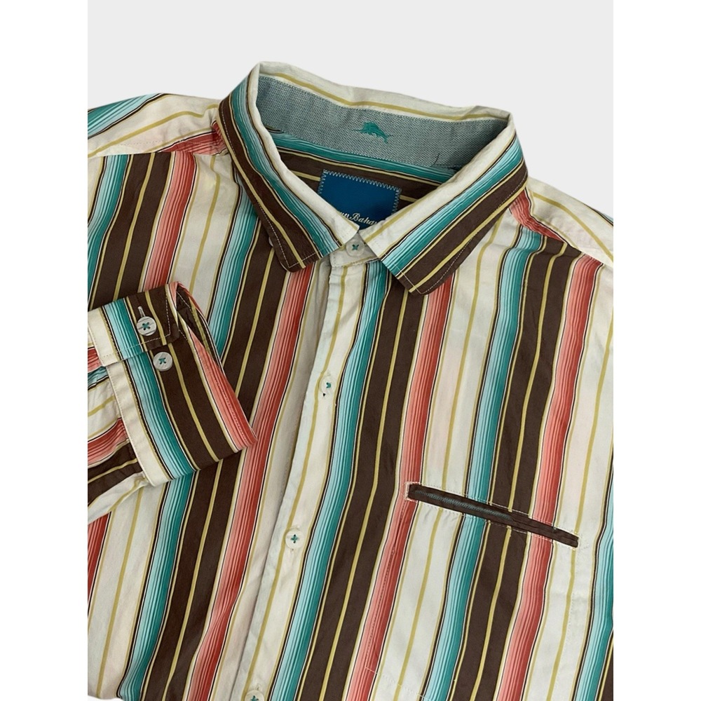Tommy Bahama Shirt Mens Large Multicolor Striped Silk Cotton Dress Button Up